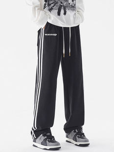 WASSUP美式复古三杠条纹卫裤男女2025新款直筒宽松休闲运动长裤子