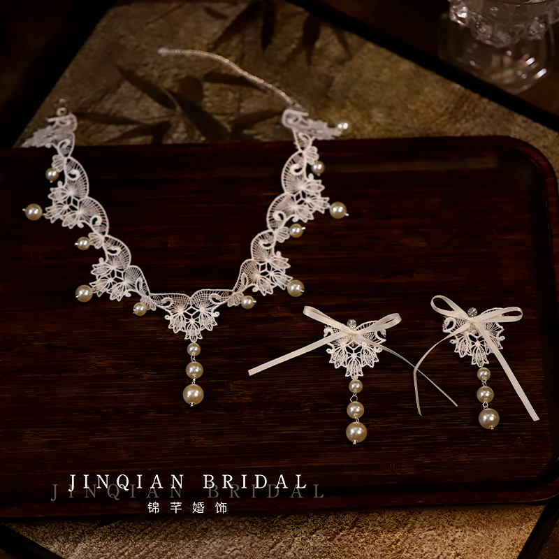 法式新款珍珠流苏蕾丝复古项链耳环套装新娘结婚纱礼服配饰锁骨链