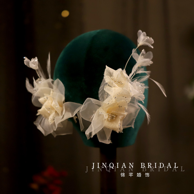 超仙香槟色纱绢花朵羽毛发夹