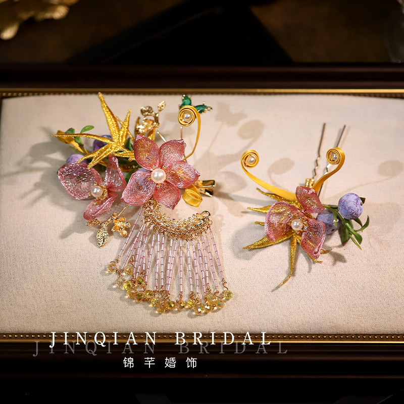 锦芊新中式粉色花朵流苏发夹
