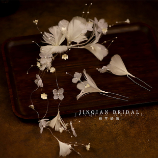 新款超仙甜美羽毛花朵长尾流苏发夹发簪套装新娘头饰结婚造型配饰