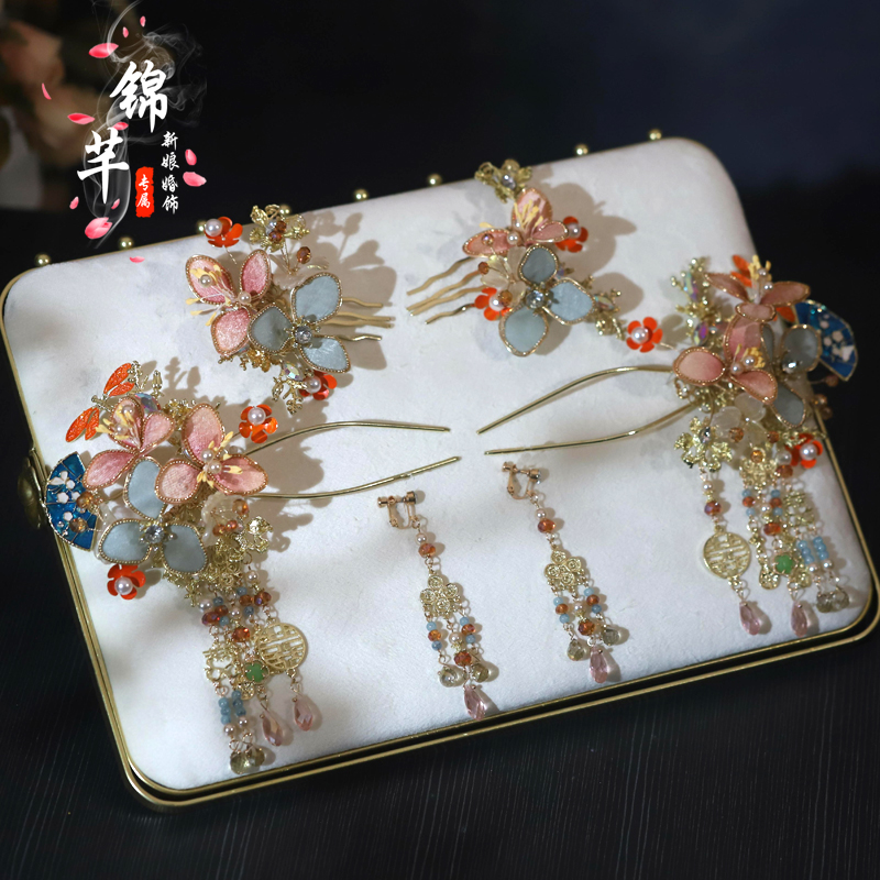 新中式粉黛绒花发簪秀禾服头饰