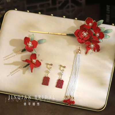 新中式新娘头饰绒花流苏发簪