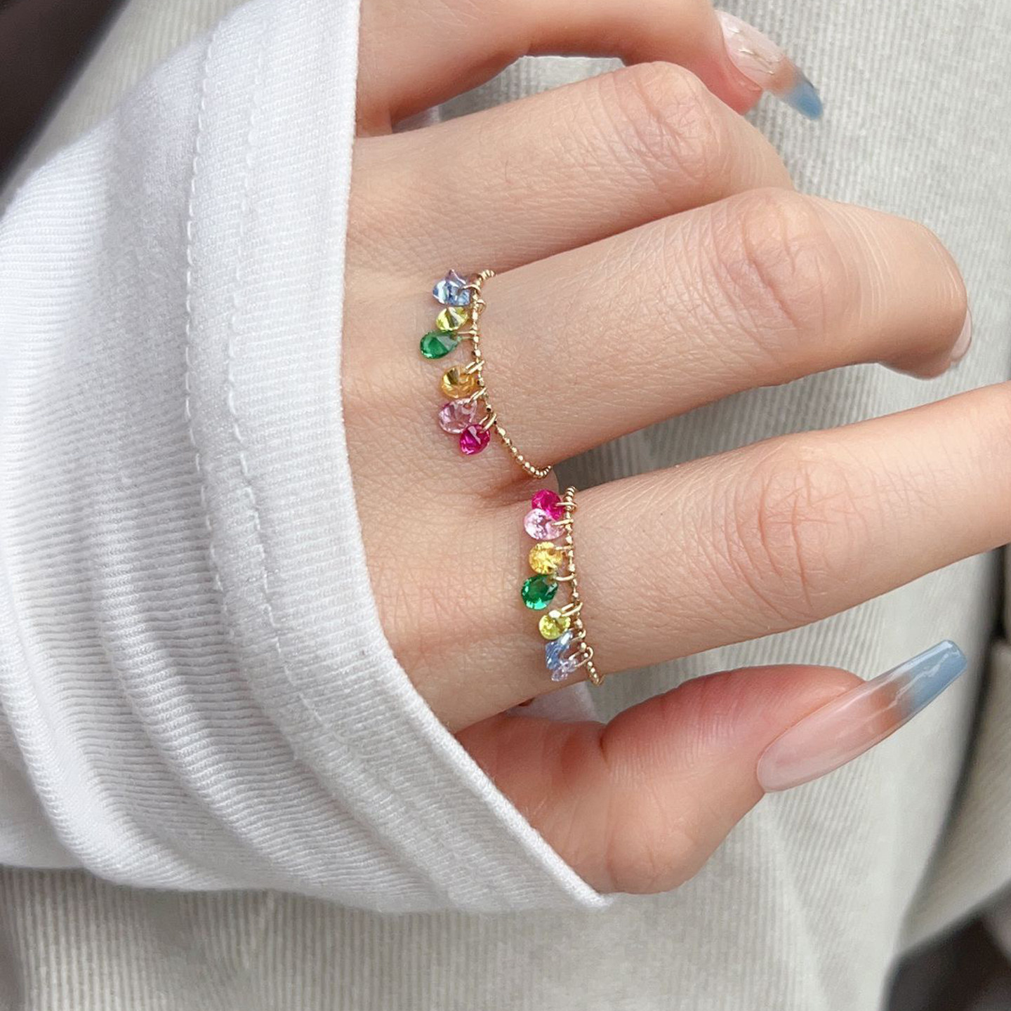 韩国流行14K金戒指女彩色锆石米珠软戒可抽拉调节指环新款百搭
