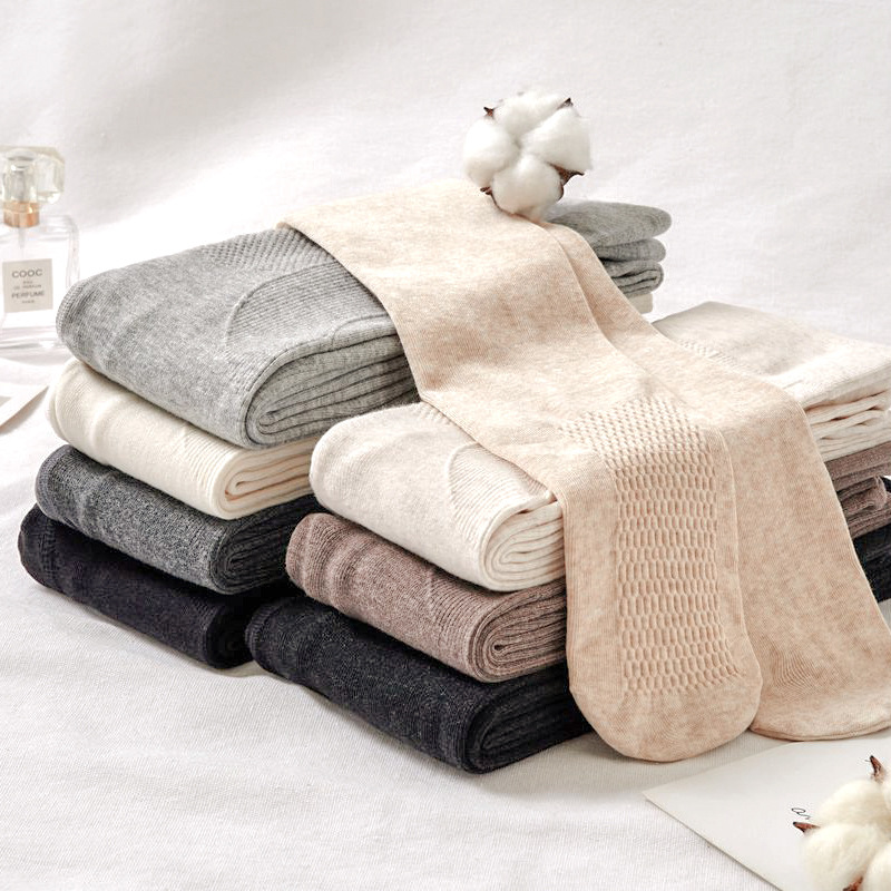 日系棉质脚底防滑春秋中厚不加绒打底裤袜燕麦白色微压螺纹连裤袜