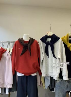 sevengrass加绒圆领卫衣女宽松休闲保暖套头衫糖果色色百搭上衣潮