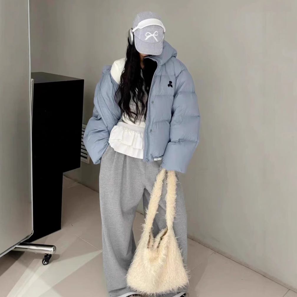 白鸭绒rr刺绣羽绒服女短款2024冬季新款韩版加厚潮牌连帽蓝色外套