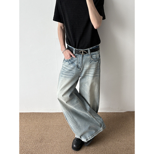 1901 侧边拼接立体打褶A字版型阔腿牛仔裤男女宽松拖地长裤子潮