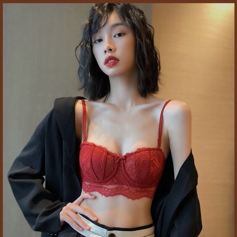2025年文胸性感蕾丝大胸上托聚拢防下垂本命年红色结婚内衣套装女