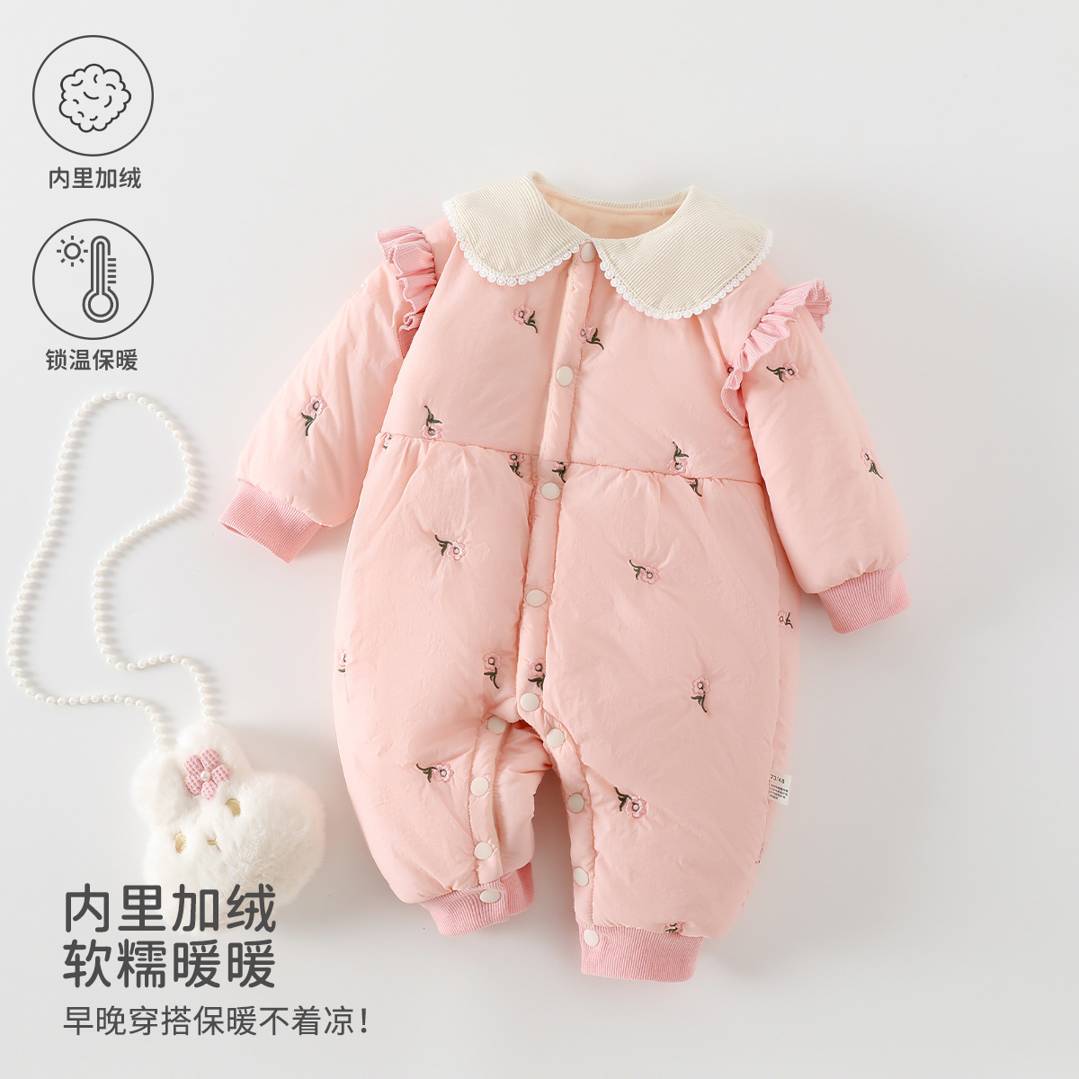 婴儿连体衣秋冬季女宝宝衣服可爱翻领加绒加厚夹棉棉服安阳婴童装