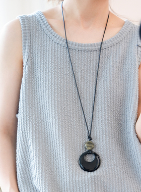 天然黑玛瑙石黑绳项链长款吊坠新中式设计高级感夏季新款配饰品女
