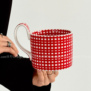 Oranges限定复古红布格纹马克杯陶瓷杯大容量水杯咖啡杯小众礼物