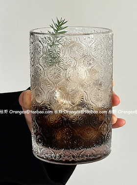 Oranges复古浮雕纹理玻璃杯子冰美式拿铁咖啡杯大容量水杯饮品杯