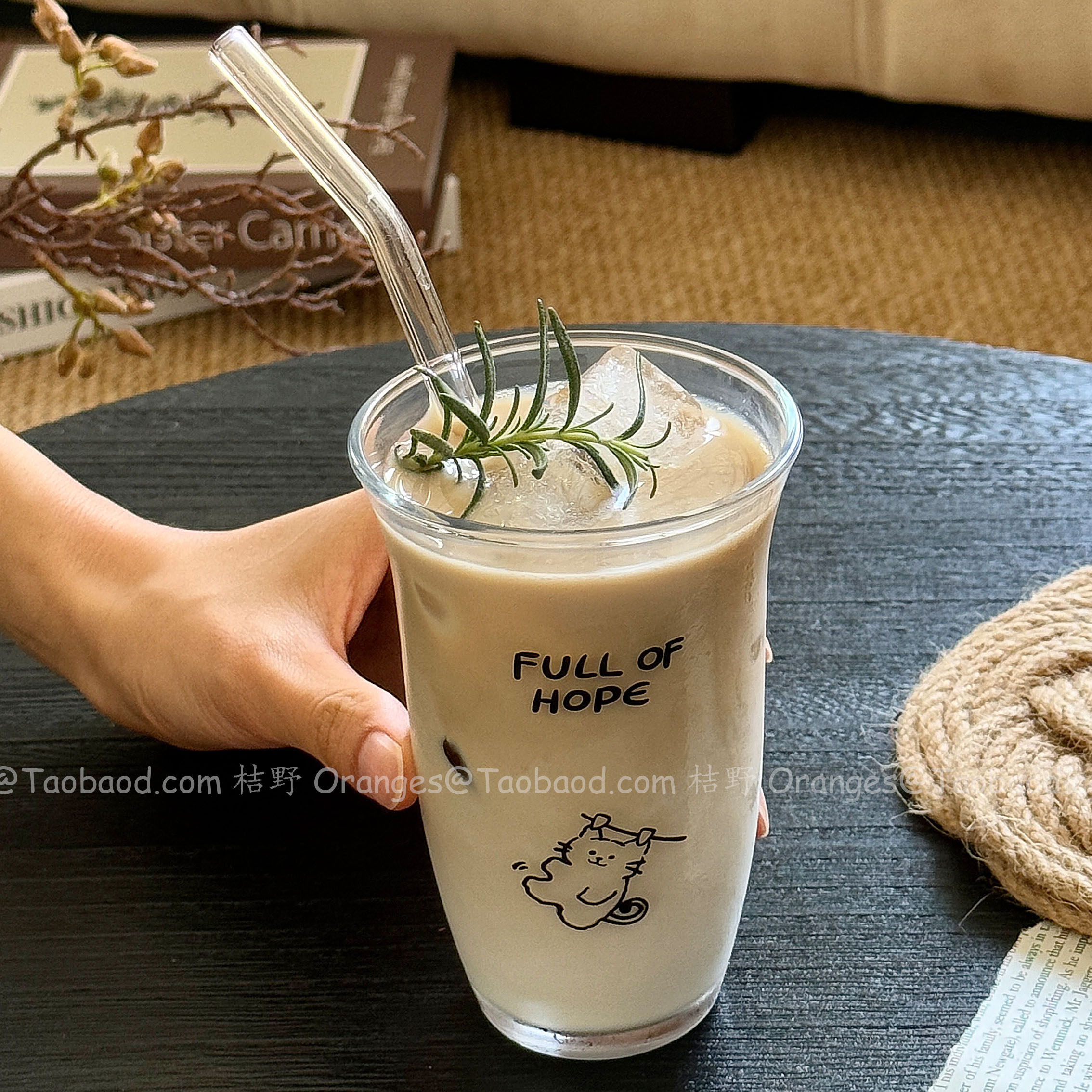 ins风卡通可爱荡秋千喵喵玻璃杯冰美式冷萃杯咖啡杯牛奶杯饮品杯