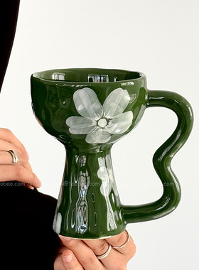 Oranges复古橄榄绿雾花手作杯中古高脚杯陶瓷杯马克杯咖啡杯礼物