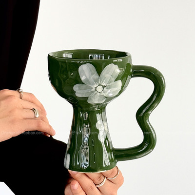 复古橄榄绿雾花手作杯中古高脚杯
