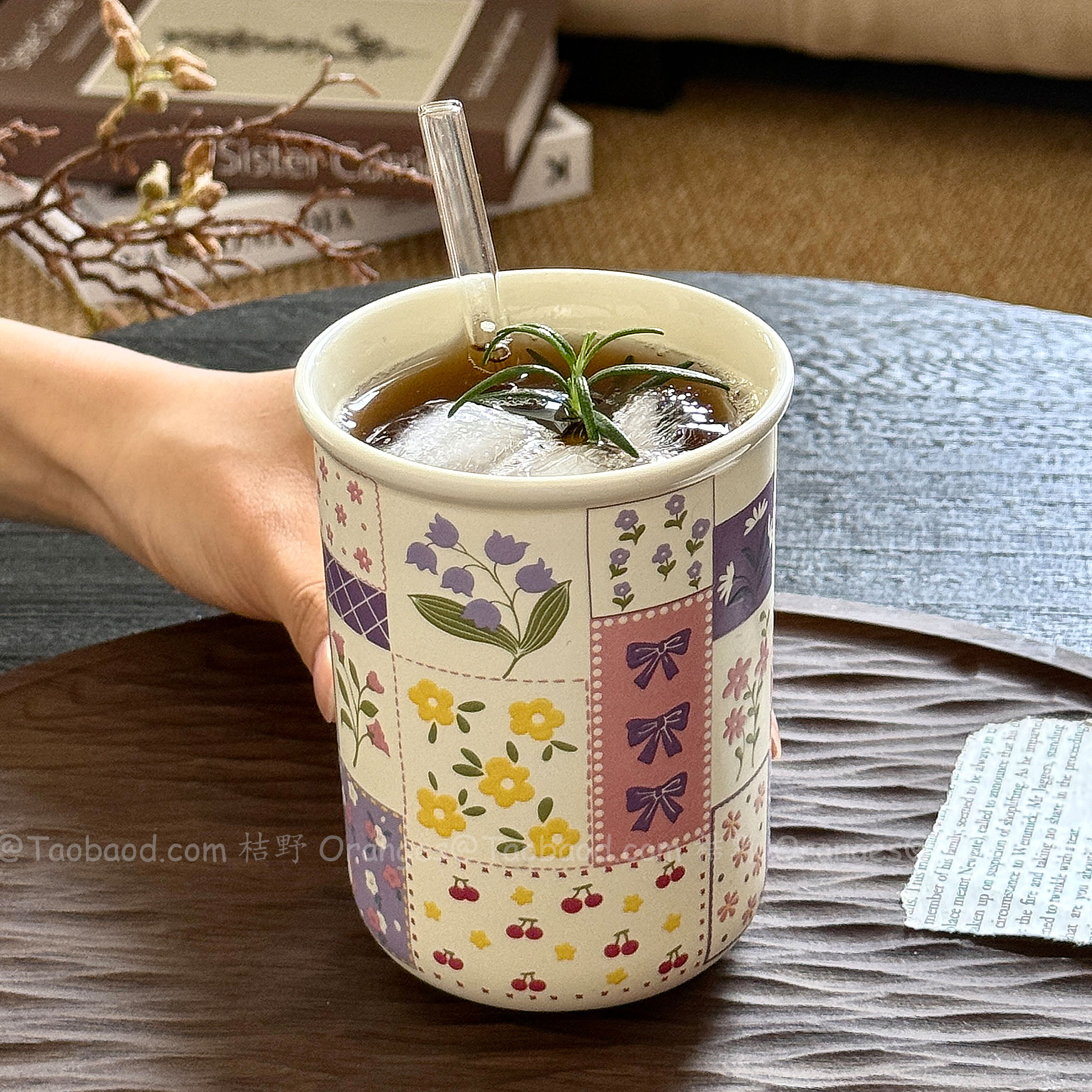 Oranges复古浮雕碎花陶瓷手握杯