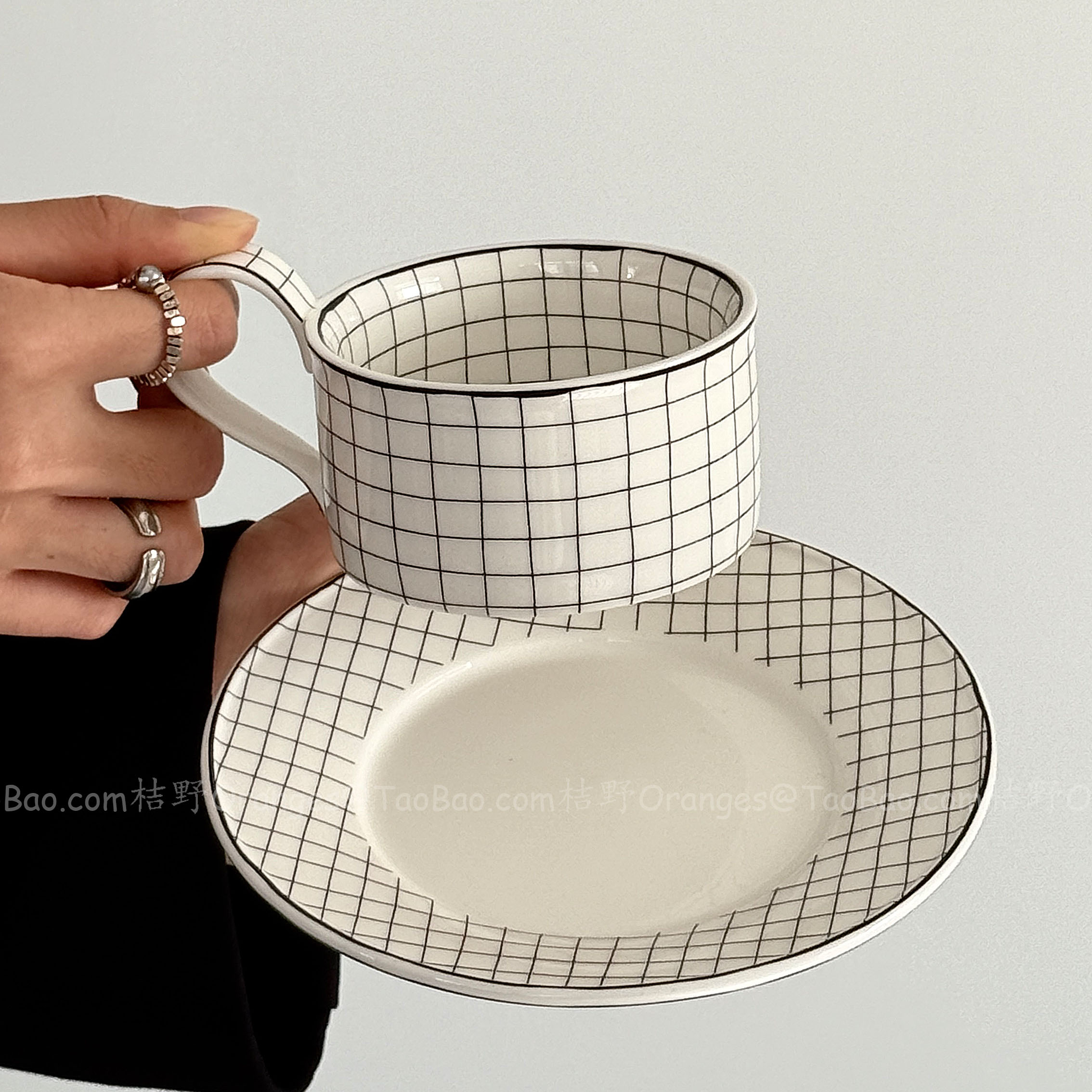 Oranges现代美学高柄白格纹咖啡杯碟拉花拿铁杯下午茶杯小众礼物