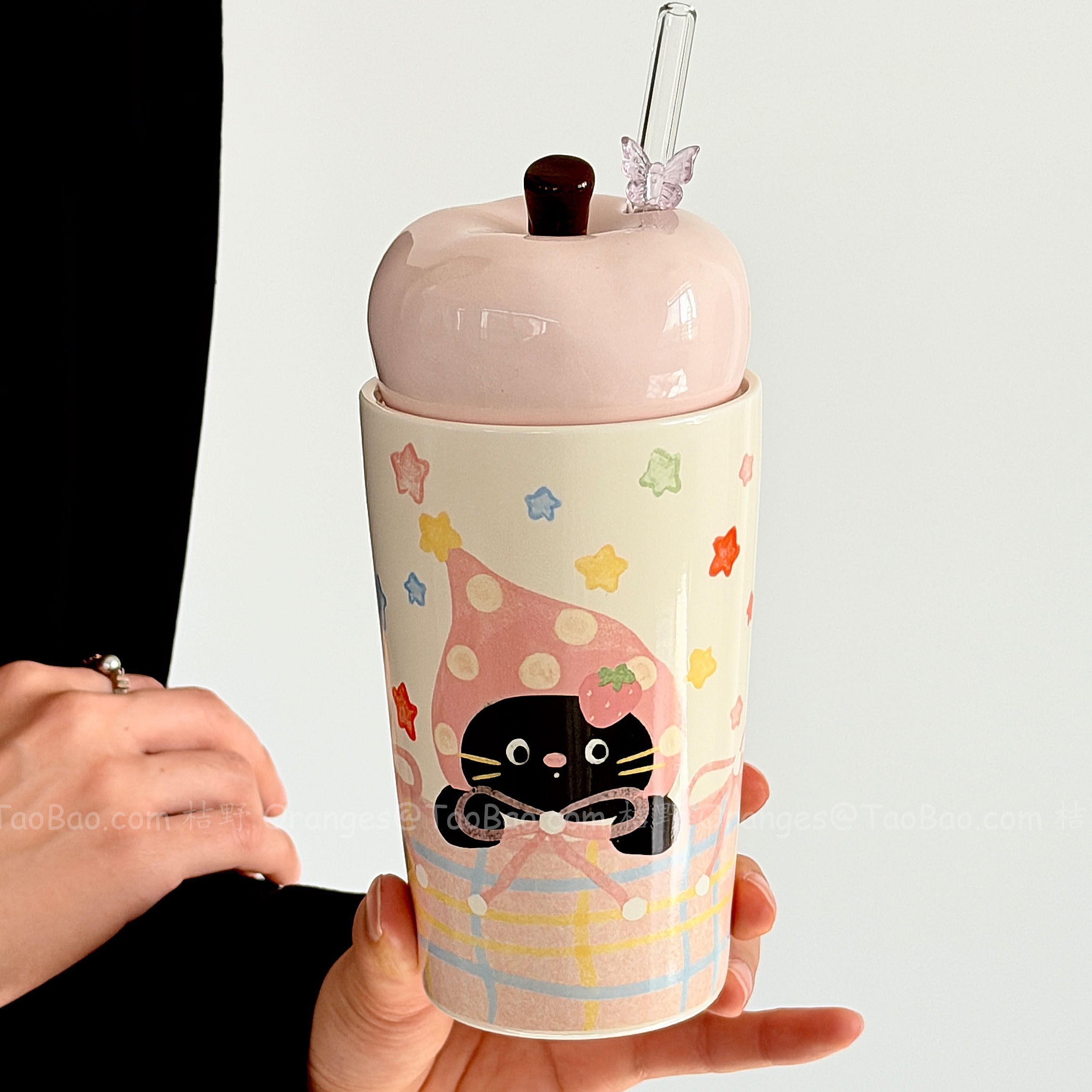 小猫星星带盖大容量陶瓷吸管杯