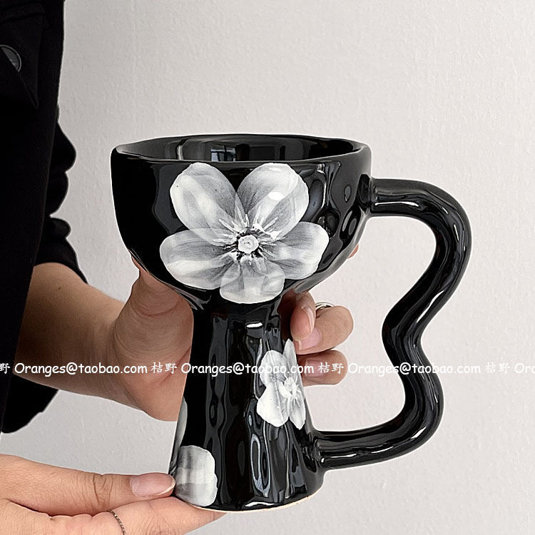 Oranges復(fù)古黑釉霧花手作杯vintage中古高腳杯陶瓷馬克杯咖啡杯子