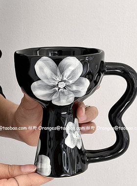 Oranges复古黑釉雾花手作杯vintage中古高脚杯陶瓷马克杯咖啡杯子