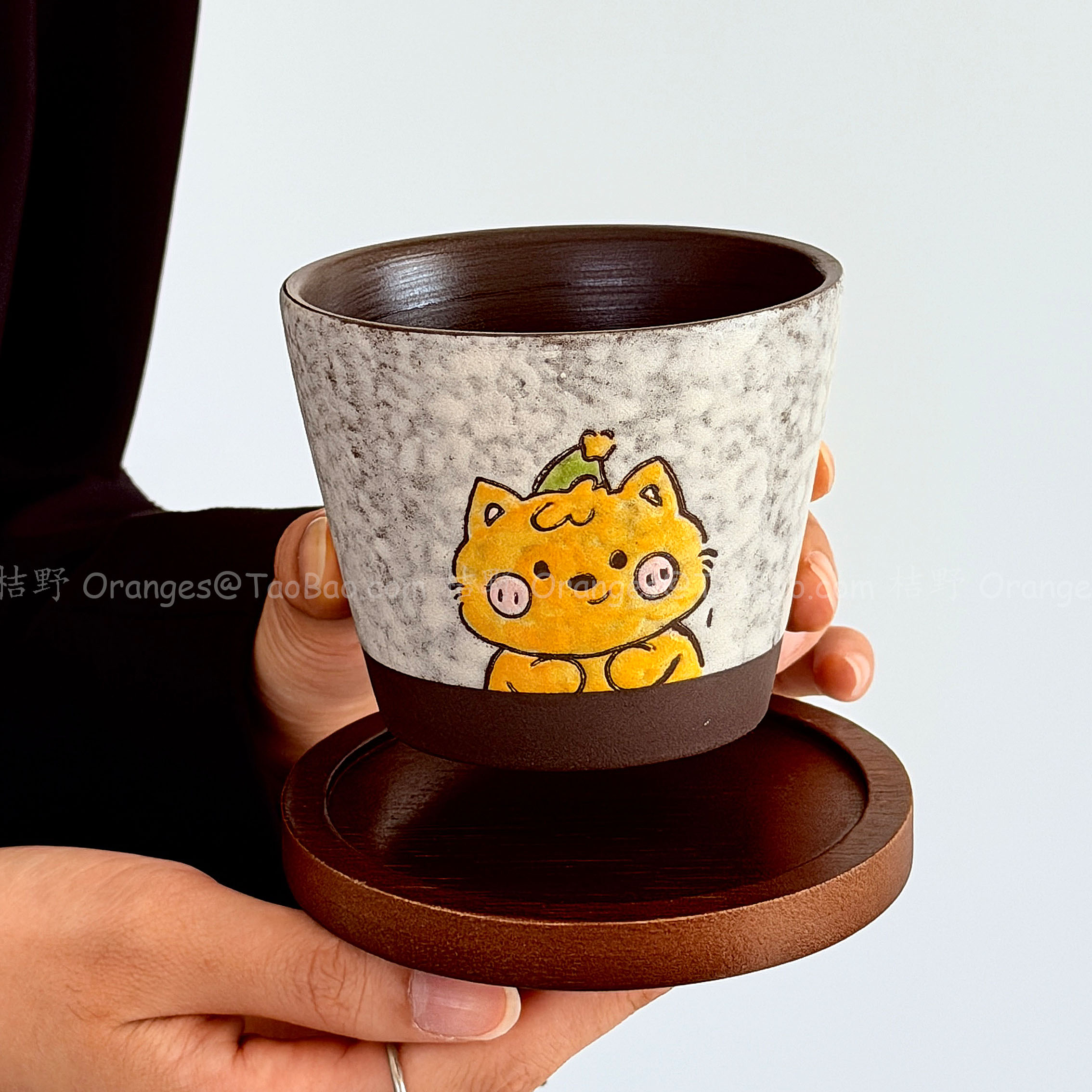 景德镇手作粗陶岩绘小猫咖啡杯