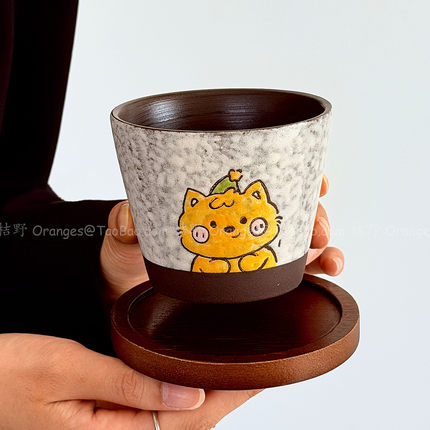 景德镇手作岩绘粗陶慵懒小猫手握杯水杯复古咖啡杯拉花拿铁杯礼物