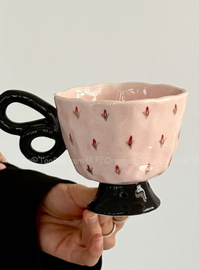 Oranges限定复古手作蝴蝶把小碎花马克杯咖啡杯陶瓷水杯小众礼物