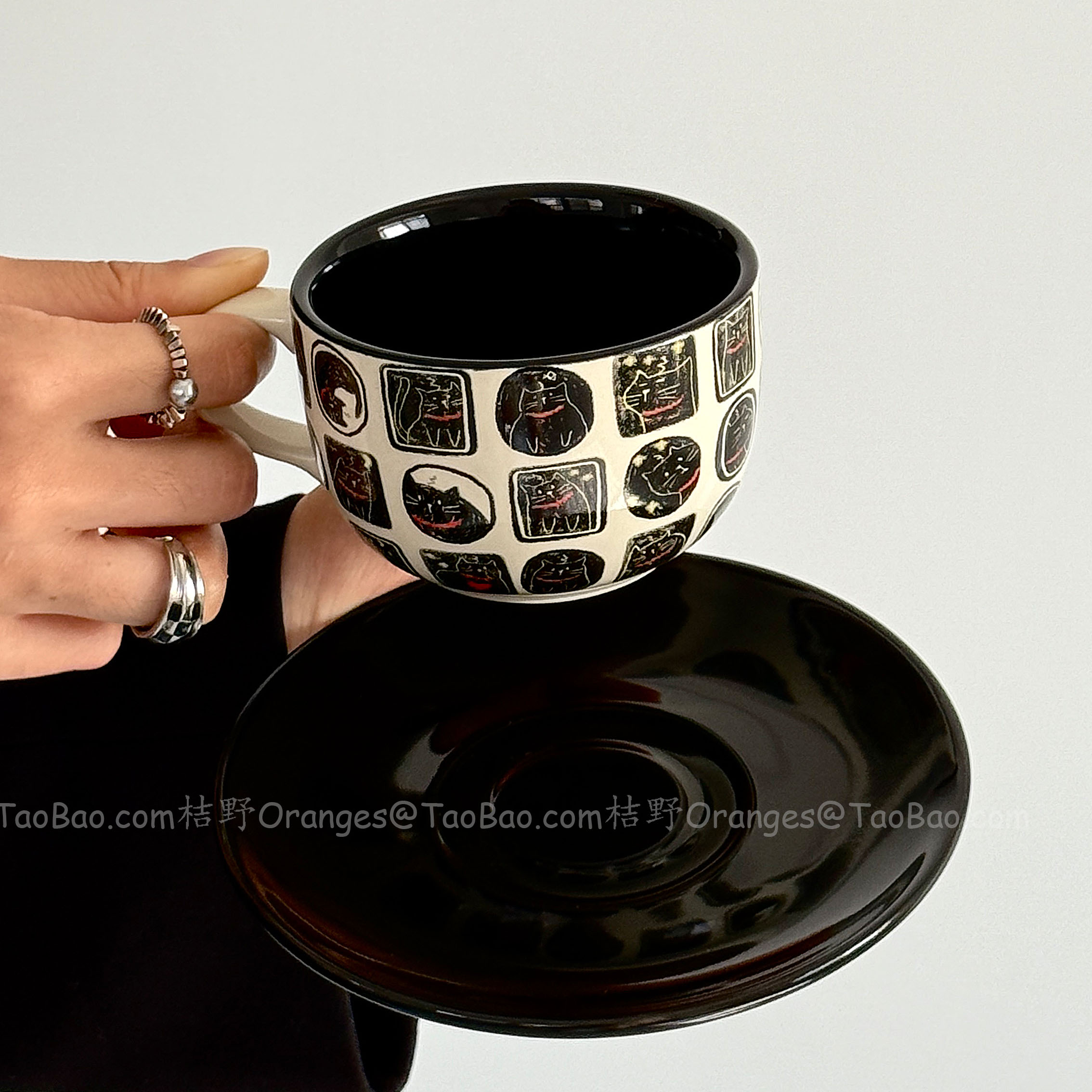 Oranges复古黑插画夜猫子咖啡杯