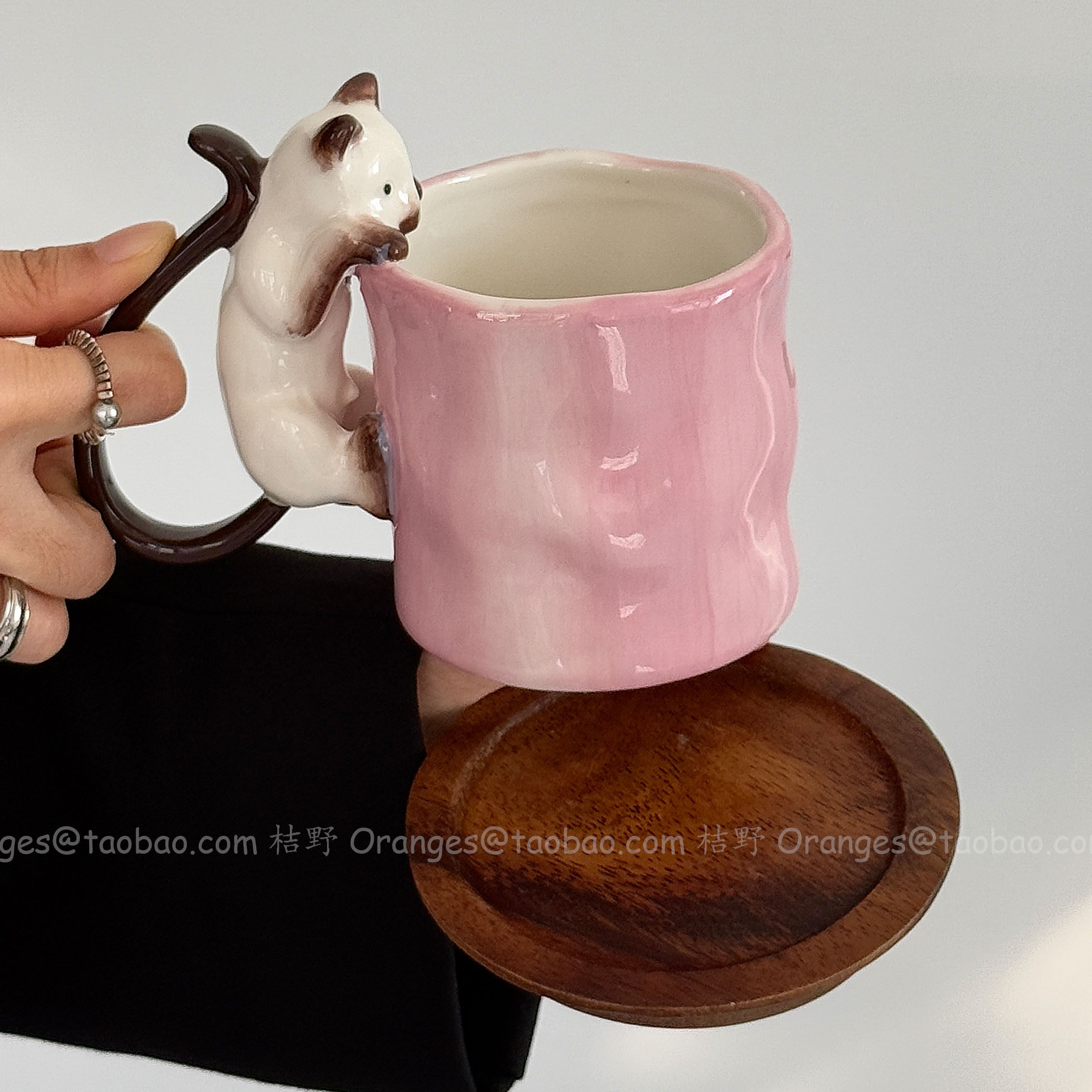 Oranges手作立体暹罗猫渐变粉马克杯陶瓷杯大容量水杯咖啡杯礼物