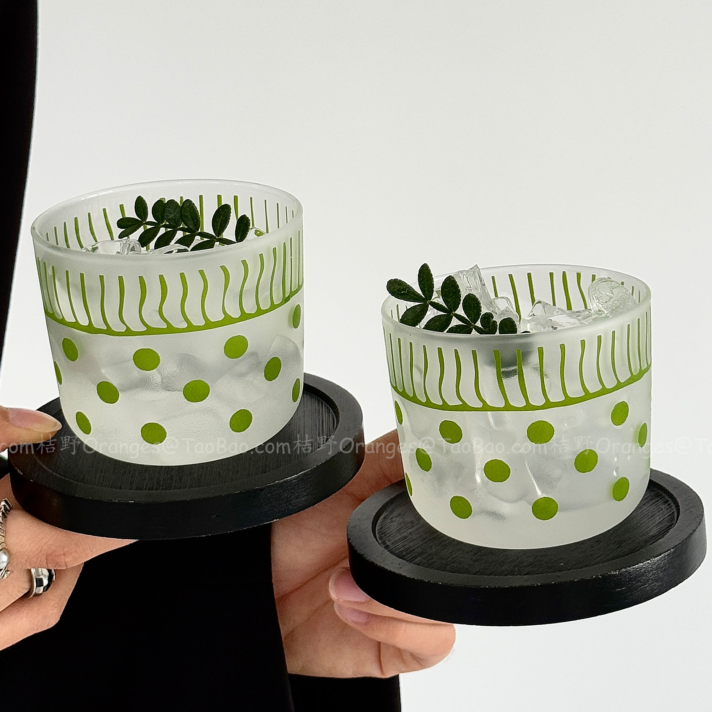 日式磨砂复古绿波点玻璃杯咖啡杯