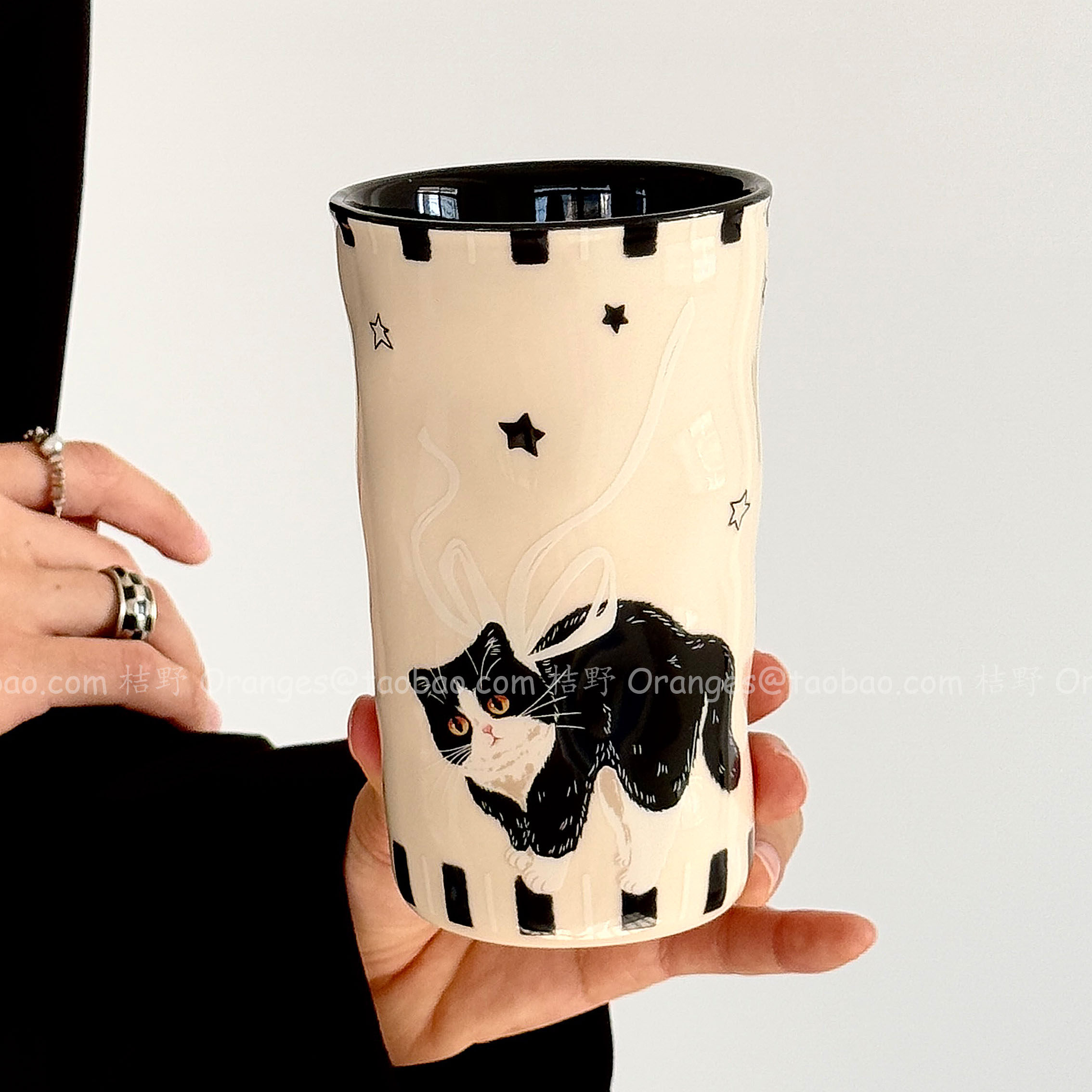 Oranges复古黑猫魔法俏影手握杯陶瓷杯大容量水杯咖啡杯小众礼物