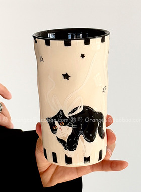 Oranges复古黑猫魔法俏影手握杯陶瓷杯大容量水杯咖啡杯小众礼物