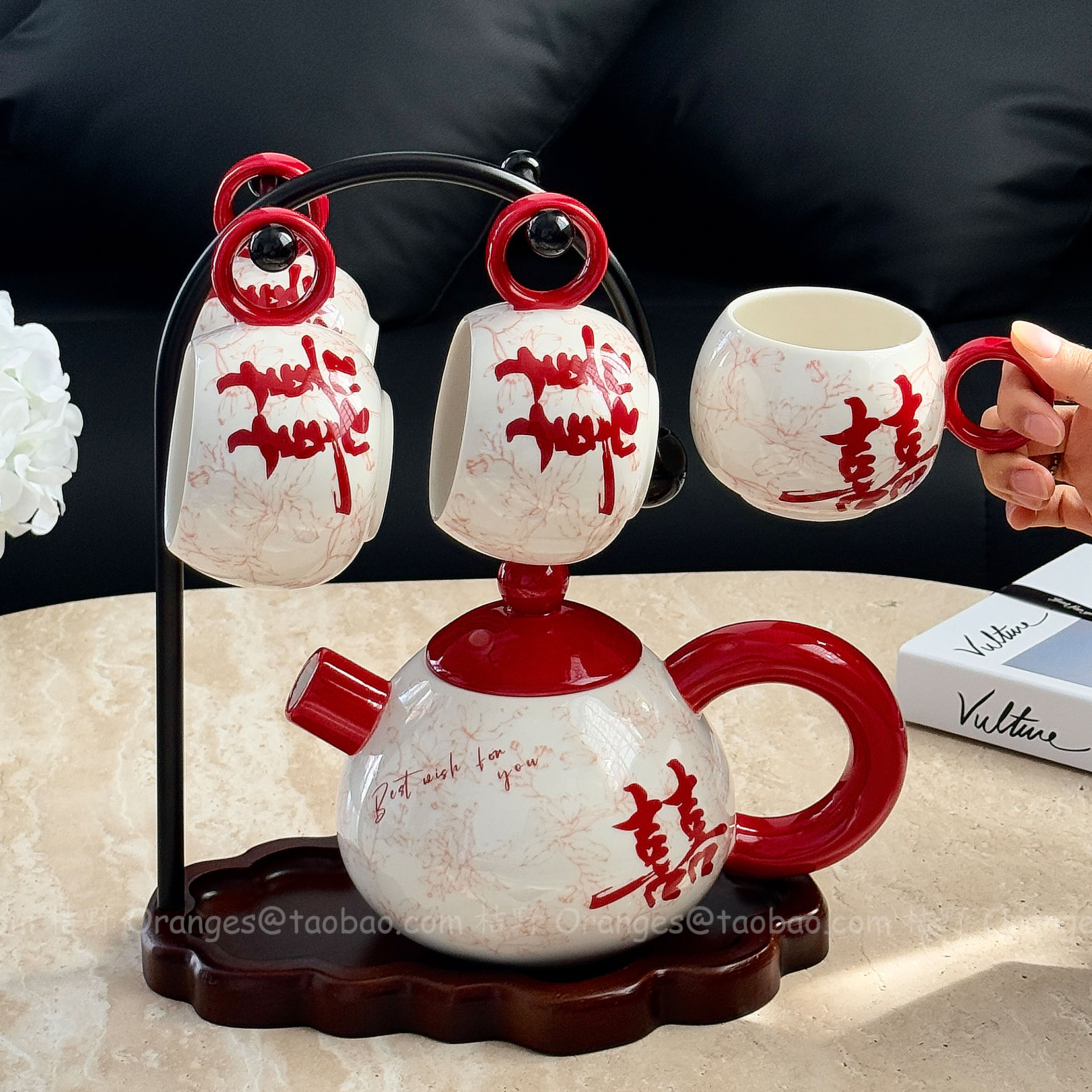 高级感繁花囍陶瓷水具套装花茶壶