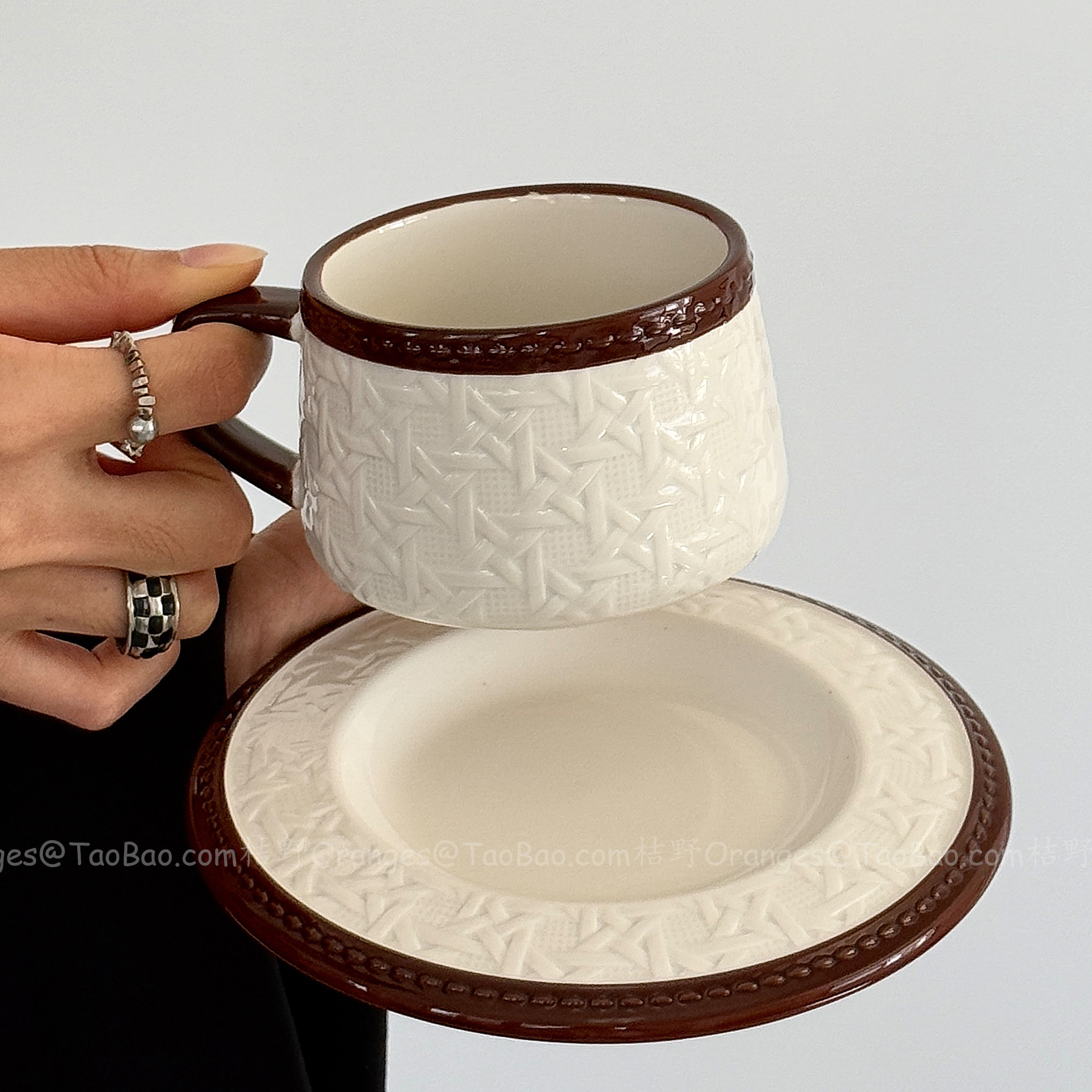 Oranges复古棕藤编纹拿铁咖啡杯