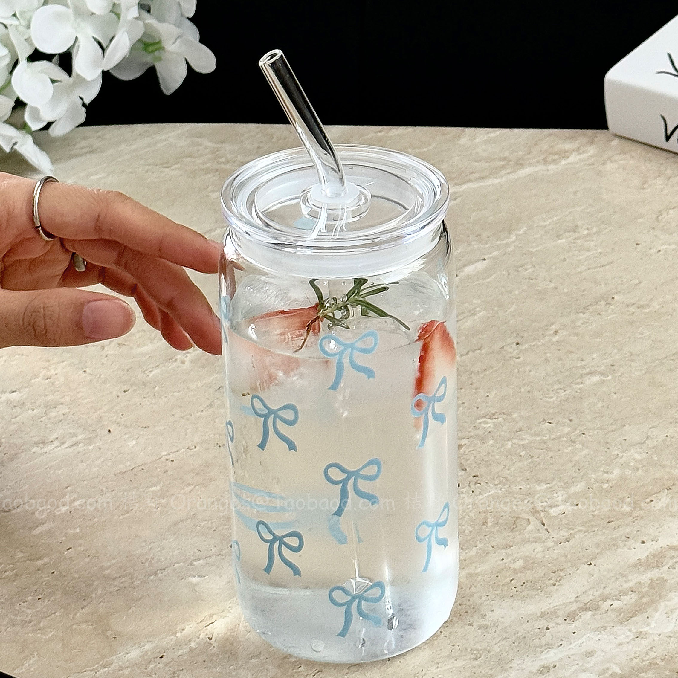 蓝色蝴蝶结玻璃吸管杯高颜值女ins风大容量水杯冰咖啡杯果汁杯子