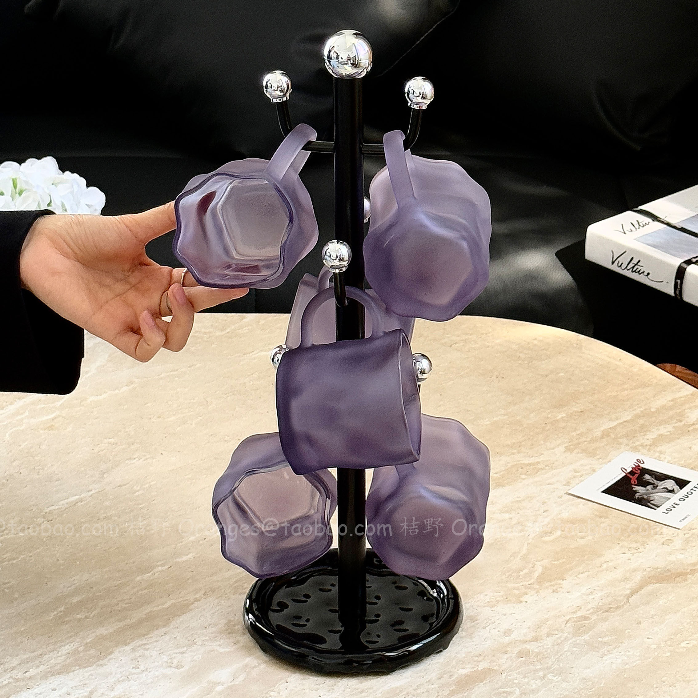 高级感磨砂紫色玻璃杯套装家用待客喝水杯带收纳架果汁杯下午茶杯