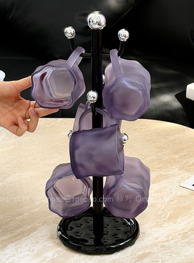 高级感磨砂紫色玻璃杯套装家用待客喝水杯带收纳架果汁杯下午茶杯