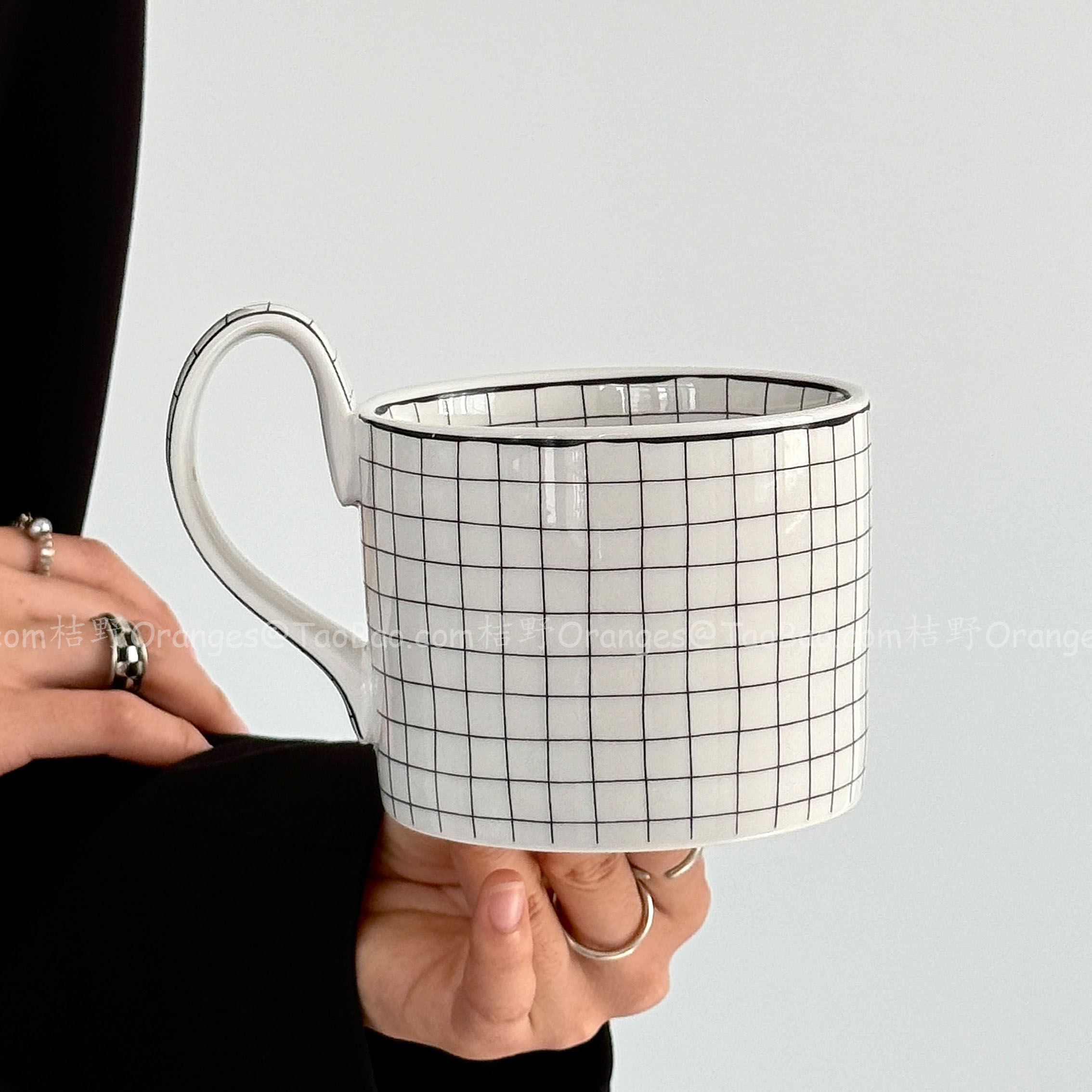 高柄白格纹马克杯陶瓷水杯咖啡杯