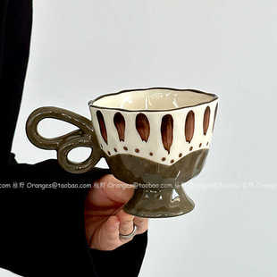 Oranges中古风手作蝴蝶把绿棕叶马克杯咖啡杯陶瓷水杯子小众礼物