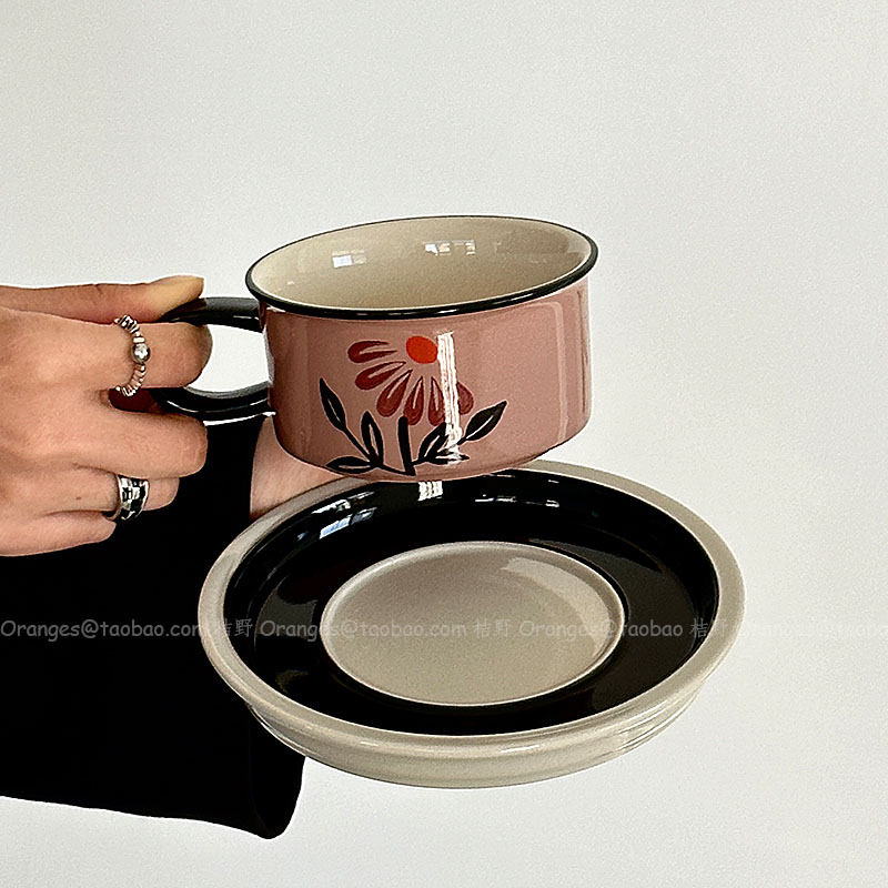 手绘樱紫向阳花咖啡杯碟拿铁杯