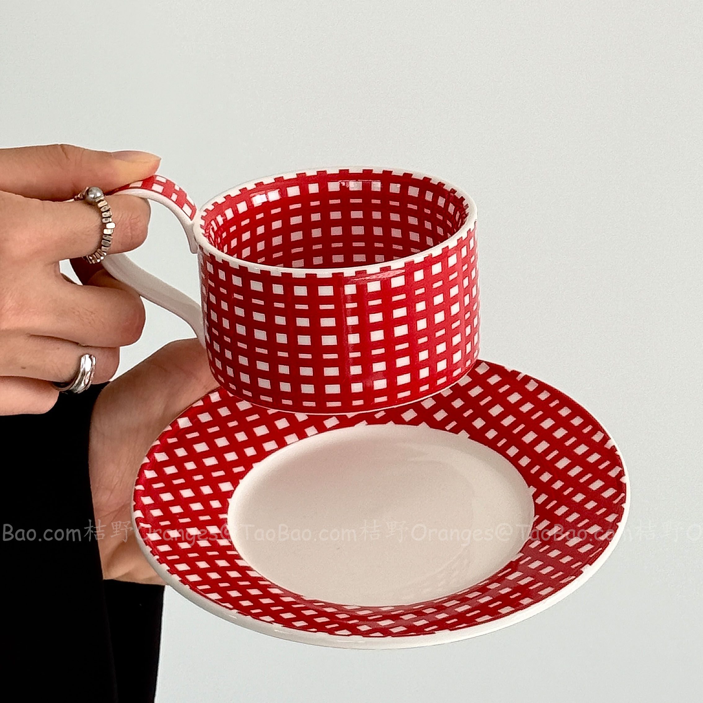 复古红布格纹咖啡杯碟拉花拿铁杯