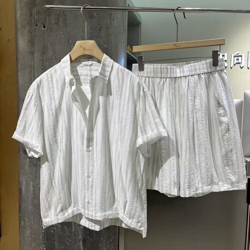 松弛感假两件短袖衬衫短裤套装