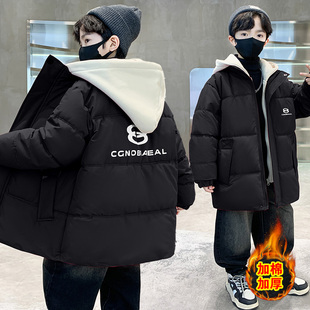 男童冬装棉衣外套2025新款洋气中大儿童加厚羽绒棉服假两件中长款