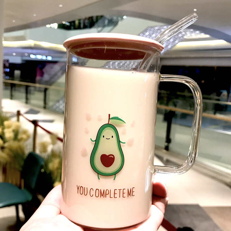 个性潮流少女吸管带盖勺玻璃杯