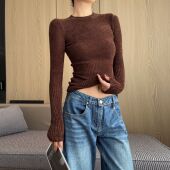 棕色圆领毛衣女2025秋冬软糯不起球修身 上衣 长袖 毛针织衫 打底衫