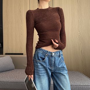 长袖 打底衫 上衣 毛针织衫 棕色圆领毛衣女2025秋冬软糯不起球修身