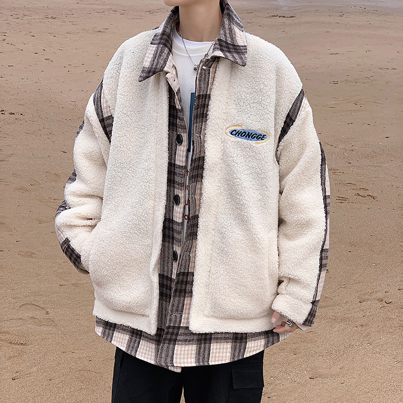 New versatile Hong Kong Style sheep cake wool cotton coat jacket splicing casual men's wear in autumn and winter 2020