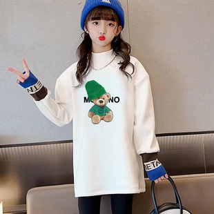女童加绒卫衣秋冬中大儿童洋气卡通印花长袖t恤百搭中长款打底衫