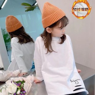 女童加绒长袖t恤秋冬新款中大儿童洋气破洞中长款加厚内搭打底衫